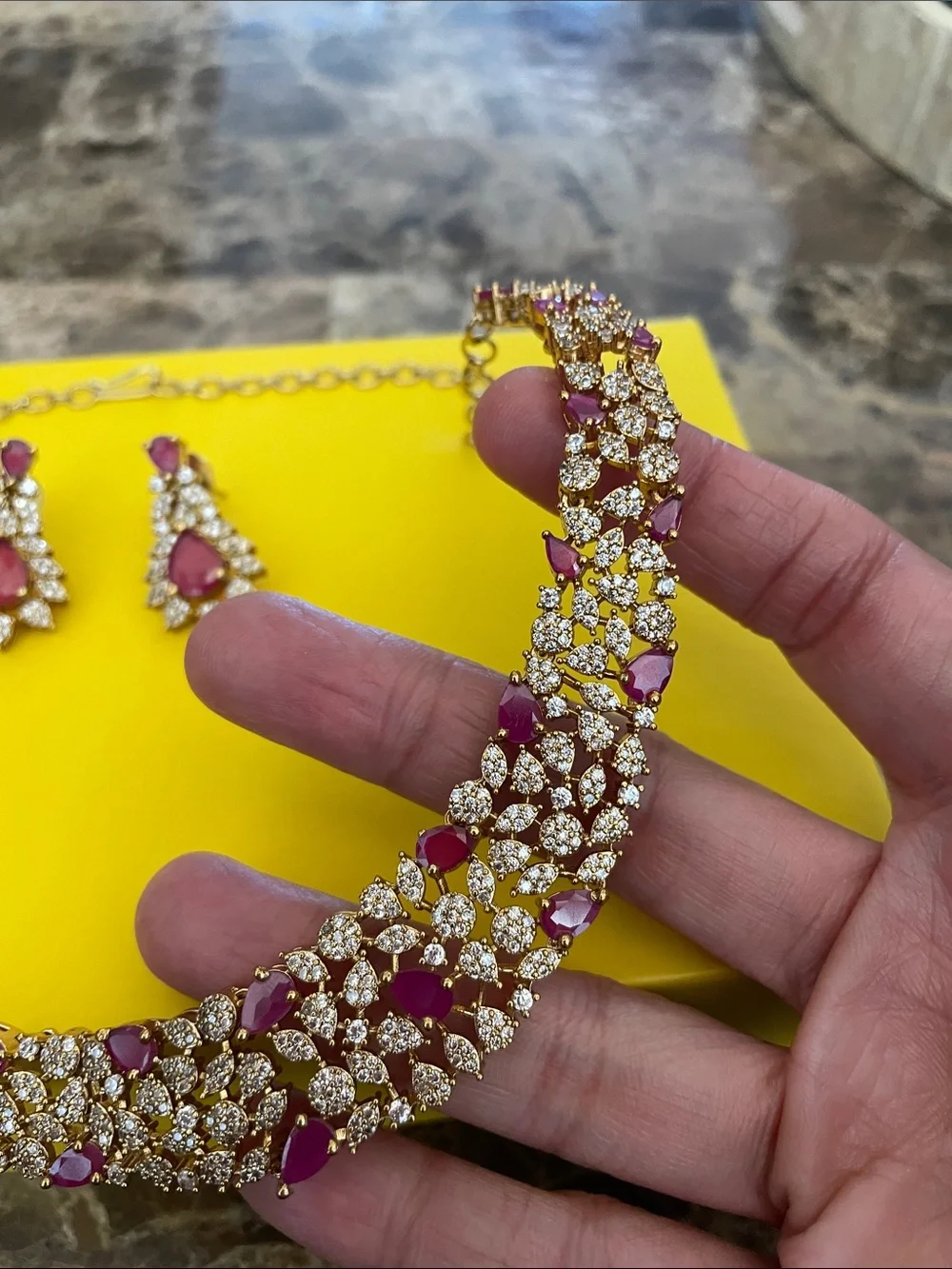 Gold-Tone Necklace and Earring Set with Ruby-Red Stones
